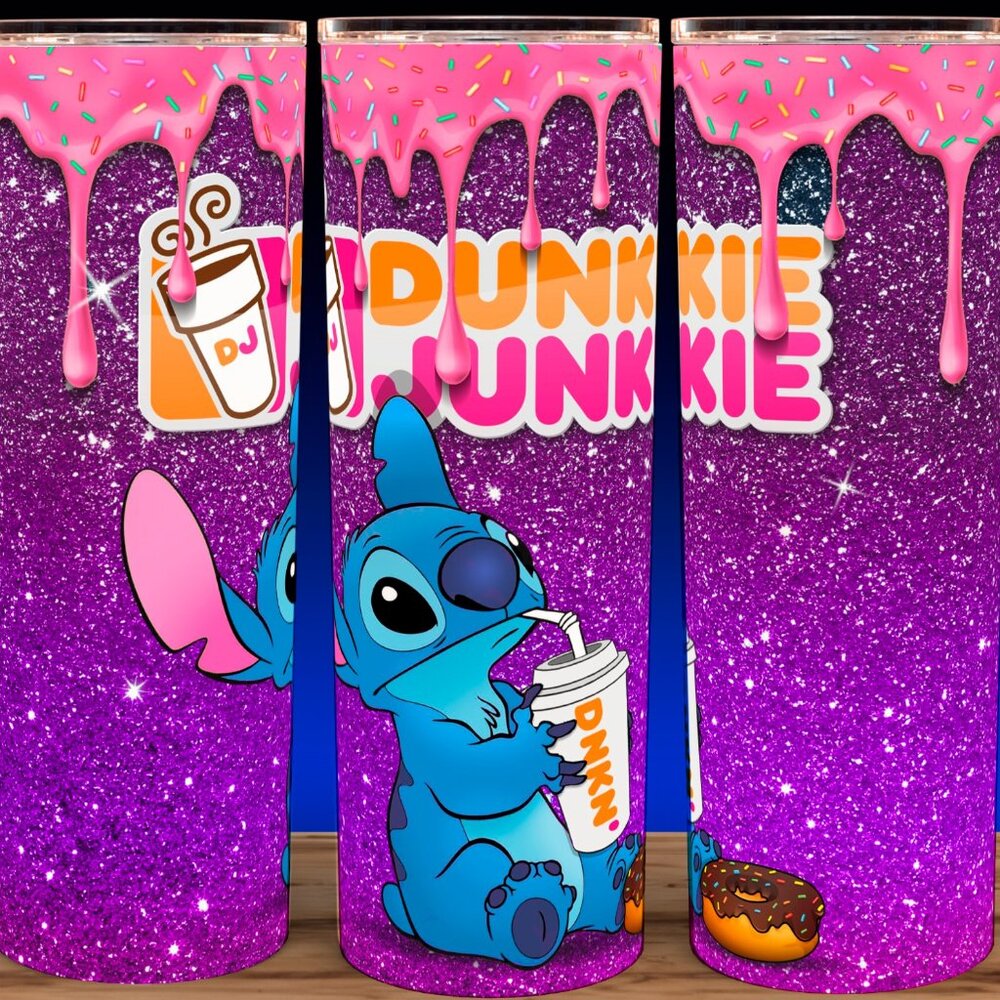Stitch Dunkie Junkie Purple Coffee Cup Mug Tumbler 20oz with lid and straw